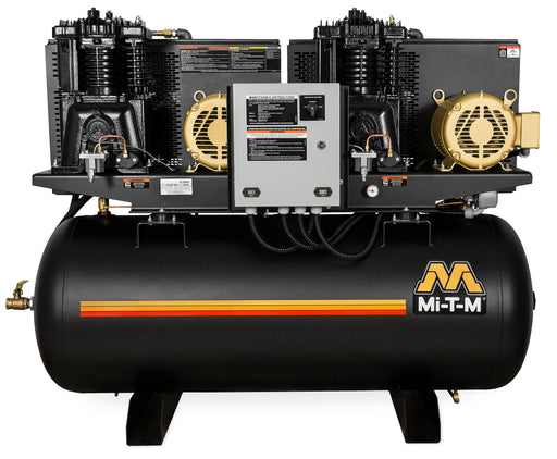 Mi-T-M M-Series duplex air compressor, twin pumps on a 120 gallon horizontal tank