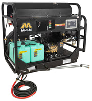 Mi-T-M HS Series diesel hot water pressure washer, skid frame with twin diesel-only fuel cans and a black boiler housing