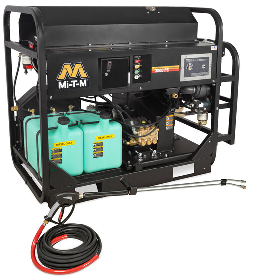 Mi-T-M HS Series diesel hot water pressure washer, skid frame with twin diesel-only fuel cans and a black boiler housing