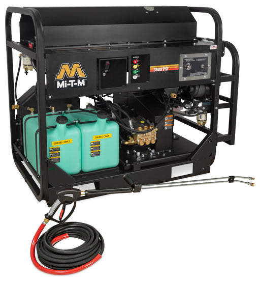 Mi-T-M HS-3505-0MDK diesel hot water pressure washer, skid frame with a Kubota engine and twin diesel cans, 3500 PSI