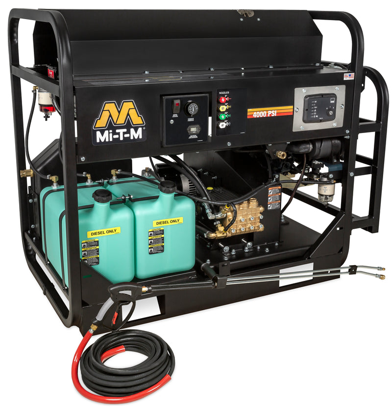 Mi-T-M HS-4005-0MDK diesel hot water pressure washer, skid frame with a Kubota engine and control panel, 4000 PSI