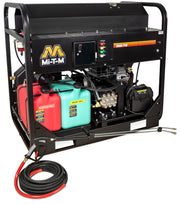 Mi-T-M HS Series gasoline hot water pressure washer, skid frame with a red gasoline can and a green diesel burner can, 3000 PSI