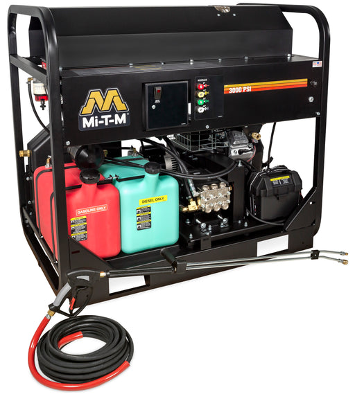 Mi-T-M HS Series gasoline hot water pressure washer, skid frame with a red gasoline can and a green diesel burner can, 3000 PSI