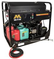 Mi-T-M HS Series gasoline hot water pressure washer on a skid frame, control panel with indicator lights and twin lances, 3500 PSI