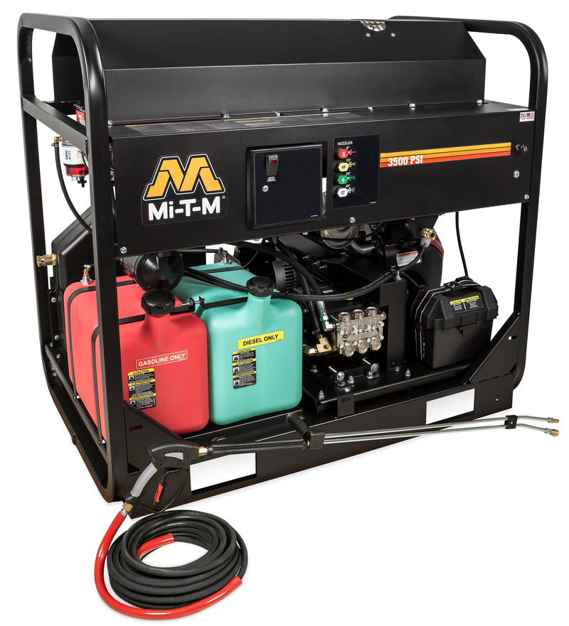 Mi-T-M HS Series gasoline hot water pressure washer on a skid frame, control panel with indicator lights and twin lances, 3500 PSI