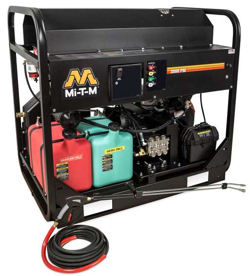 Mi-T-M HS Series gasoline hot water pressure washer on a skid frame, control panel with indicator lights and twin lances, 3500 PSI