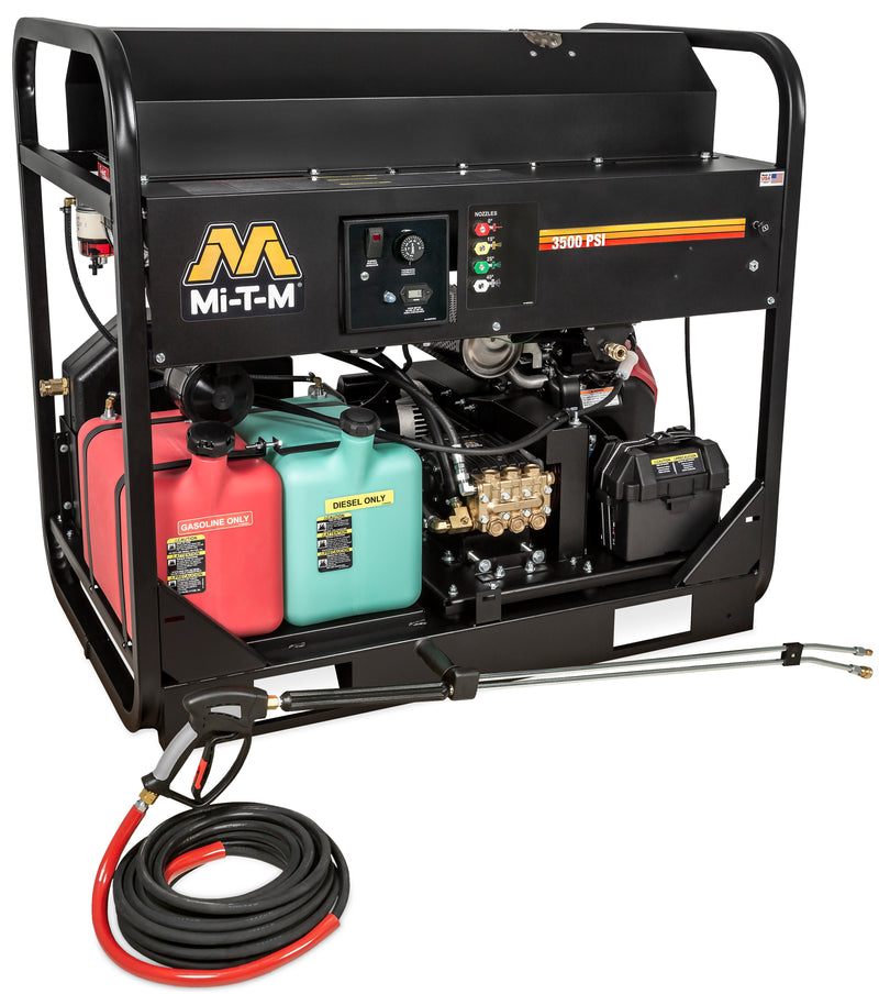 Mi-T-M HS-3506-1MGH gasoline hot water pressure washer, skid frame with a Honda engine and a panel-mounted gauge