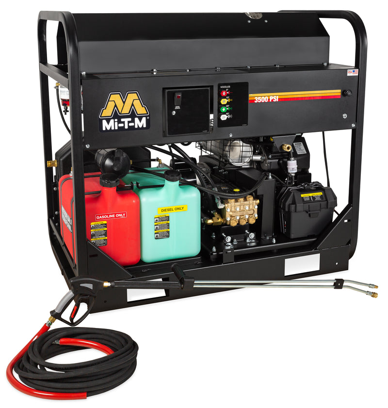Mi-T-M HS-3506-1MGK gasoline hot water pressure washer, skid frame with a Kohler engine, dual fuel cans and twin lances