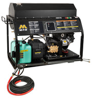 Mi-T-M HS Series 4000 PSI gasoline hot water pressure washer, compact skid carrying a single green burner fuel can