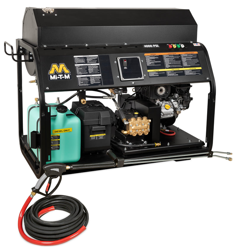 Mi-T-M HS Series 4000 PSI gasoline hot water pressure washer, compact skid carrying a single green burner fuel can