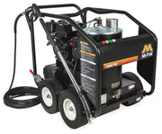 Mi-T-M HSP-2503-0MMH portable hot water pressure washer, black roll-cage cart with a tan burner tank, Honda engine and pneumatic tires