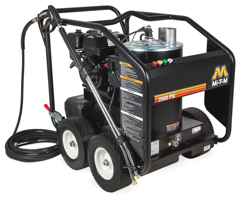 Mi-T-M HSP-2503-0MMH portable hot water pressure washer, black roll-cage cart with a tan burner tank, Honda engine and pneumatic tires