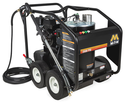 Mi-T-M HSP-2503-0MMH portable hot water pressure washer, black roll-cage cart with a tan burner tank, Honda engine and pneumatic tires