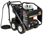 Mi-T-M HSP-2503-0MMK portable hot water pressure washer, black roll-cage cart with a tan burner tank and Kohler engine
