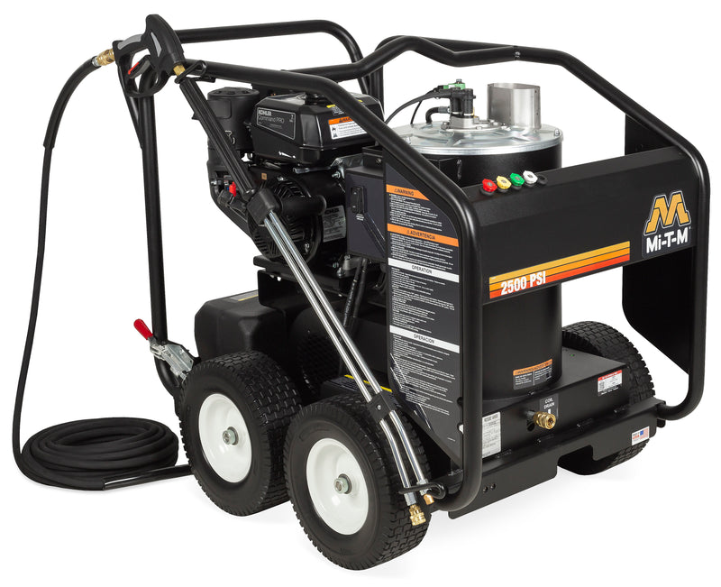 Mi-T-M HSP-2503-0MMK portable hot water pressure washer, black roll-cage cart with a tan burner tank and Kohler engine