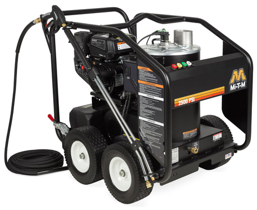 Mi-T-M HSP-2503-0MMK portable hot water pressure washer, black roll-cage cart with a tan burner tank and Kohler engine