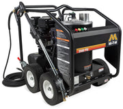 Mi-T-M HSP-2503-0MMM portable hot water pressure washer with a tan burner tank, shown with optional thermostat, injector and hour meter fitted