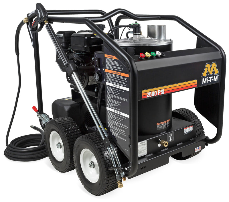 Mi-T-M HSP-2503-0MMM portable hot water pressure washer with a tan burner tank, shown with optional thermostat, injector and hour meter fitted