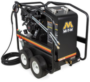Mi-T-M HSP-3003-3MGH portable hot water pressure washer, black boiler housing with twin coil caps and a Honda engine, 3000 PSI