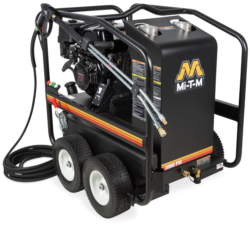 Mi-T-M HSP-3003-3MGH portable hot water pressure washer, black boiler housing with twin coil caps and a Honda engine, 3000 PSI