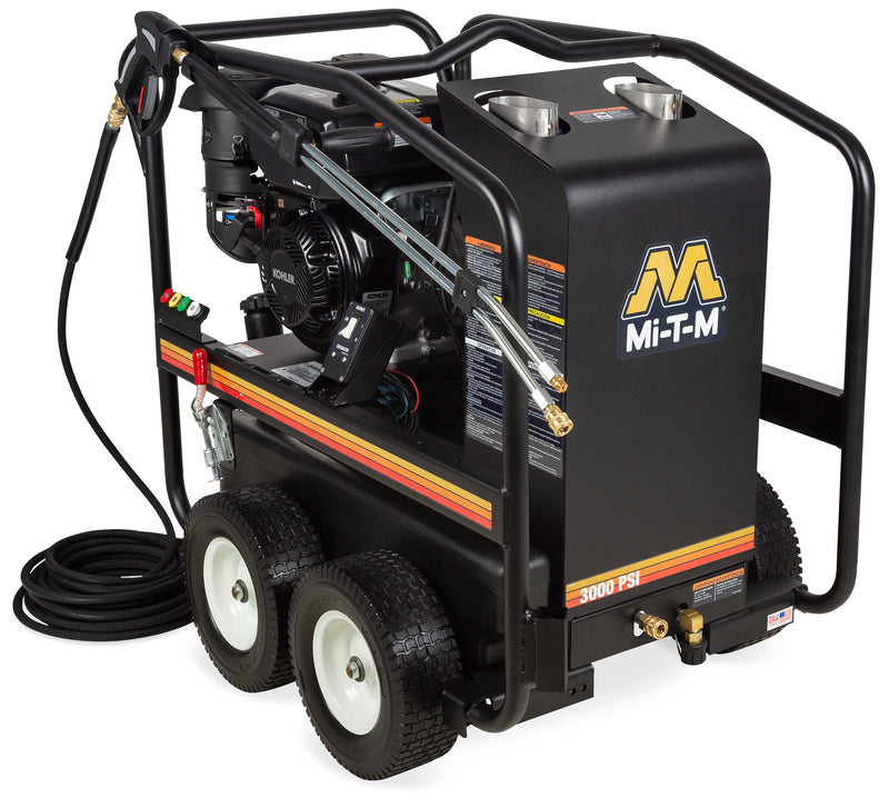 Mi-T-M HSP-3003-3MGK portable hot water pressure washer, black boiler housing with a Kohler engine and black high-pressure hose, 3000 PSI