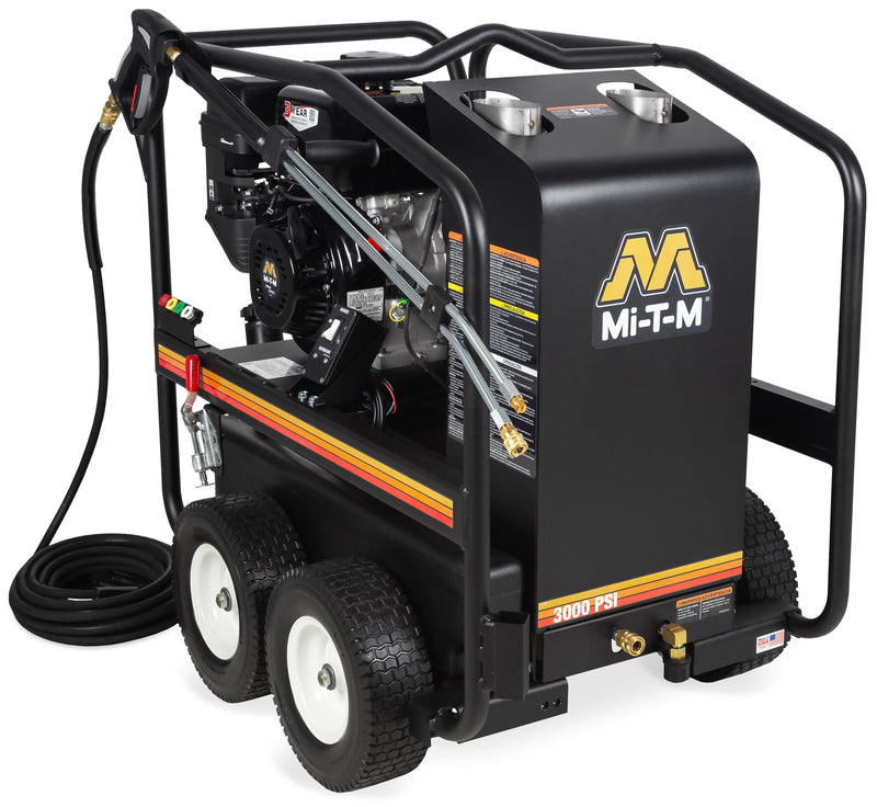 Mi-T-M HSP-3003-3MGM portable hot water pressure washer, black boiler housing with a Mi-T-M engine, 3000 PSI