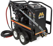 Mi-T-M HSP-3504-3MGH portable hot water pressure washer, black boiler housing with a Honda engine and red high-pressure hose, 3500 PSI