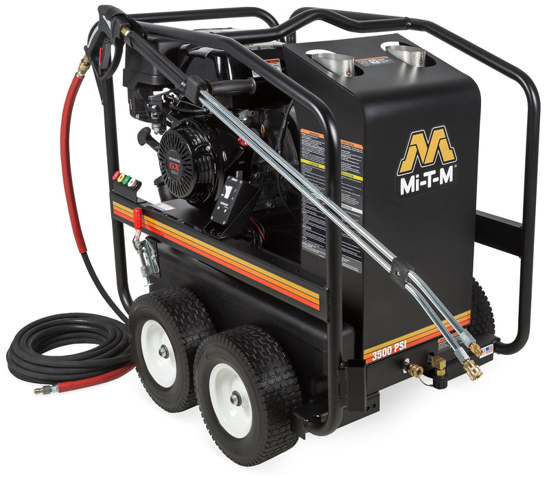 Mi-T-M HSP-3504-3MGH portable hot water pressure washer, black boiler housing with a Honda engine and red high-pressure hose, 3500 PSI