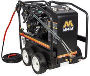 Mi-T-M HSP-3504-3MGV portable hot water pressure washer, black boiler housing with a Vanguard engine and red hose, 3500 PSI