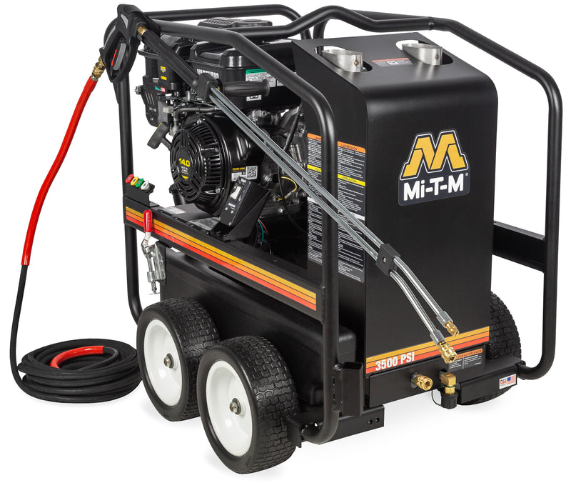 Mi-T-M HSP-3504-3MGV portable hot water pressure washer, black boiler housing with a Vanguard engine and red hose, 3500 PSI