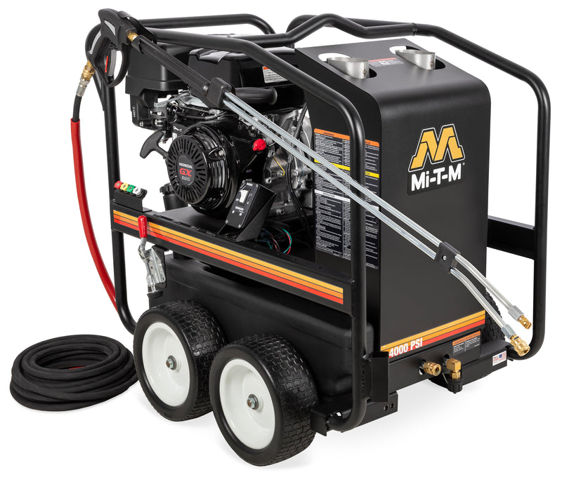 Mi-T-M HSP-4004-3MGH portable hot water pressure washer, black boiler housing with a Honda engine, 4000 PSI