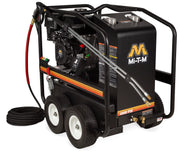 Mi-T-M HSP-4004-3MGM portable hot water pressure washer, black boiler housing with a Mi-T-M engine and red hose, 4000 PSI