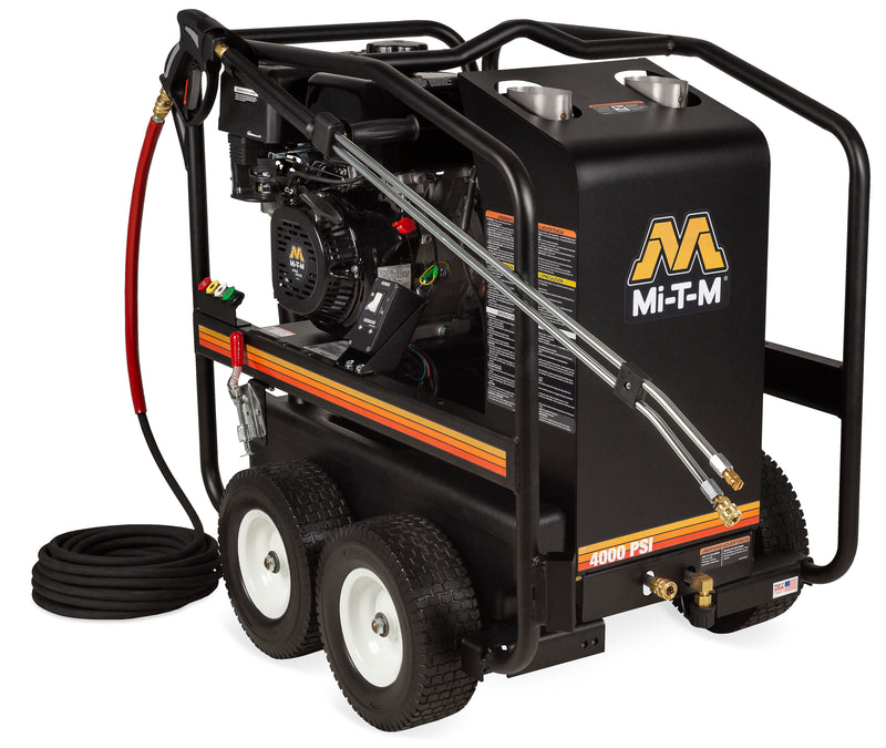 Mi-T-M HSP-4004-3MGM portable hot water pressure washer, black boiler housing with a Mi-T-M engine and red hose, 4000 PSI