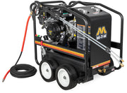 Mi-T-M HSP-4004-3MGV portable hot water pressure washer, black boiler housing with a Vanguard engine and red hose, 4000 PSI