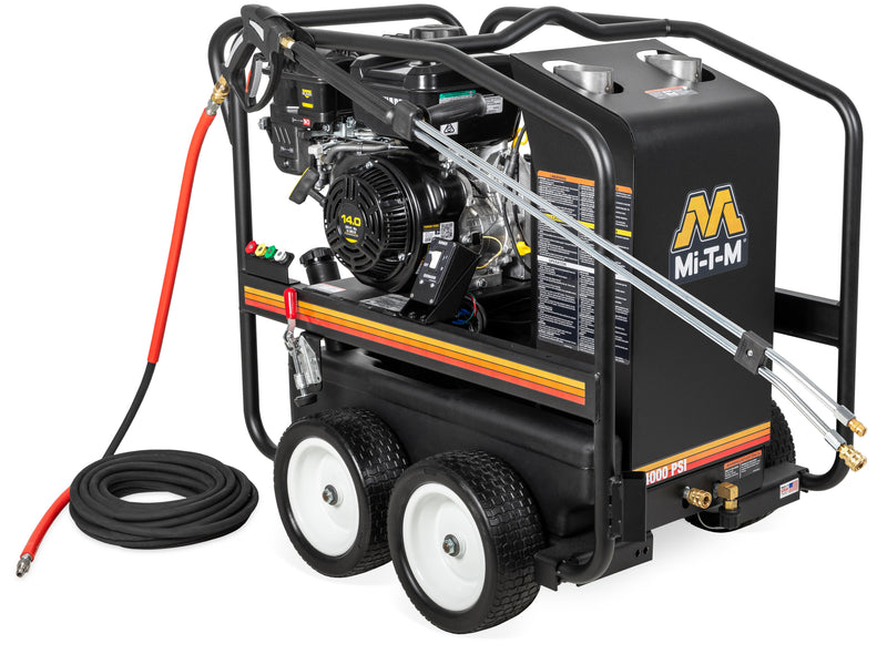 Mi-T-M HSP-4004-3MGV portable hot water pressure washer, black boiler housing with a Vanguard engine and red hose, 4000 PSI