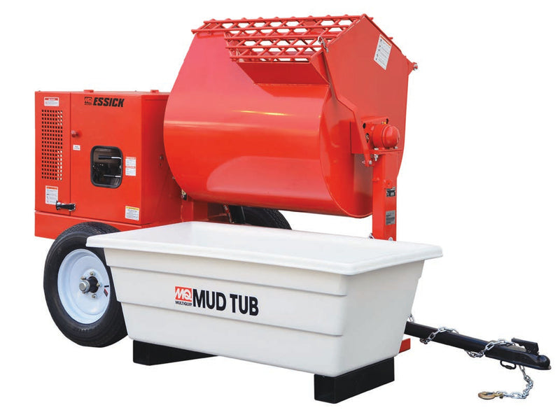 Multiquip Essick EM120HYD mortar mixer on a white background, a red towable machine with the drum tipped back under a red expanded metal safety grate, a red hydraulic drive motor at the drum end, a perforated engine enclosure carrying the MQ Multiquip mark and the Essick name, one road wheel on a white rim, a black tow bar with safety chains and a coupler, and a separate white MQ Multiquip Mud Tub standing in front on black skid feet