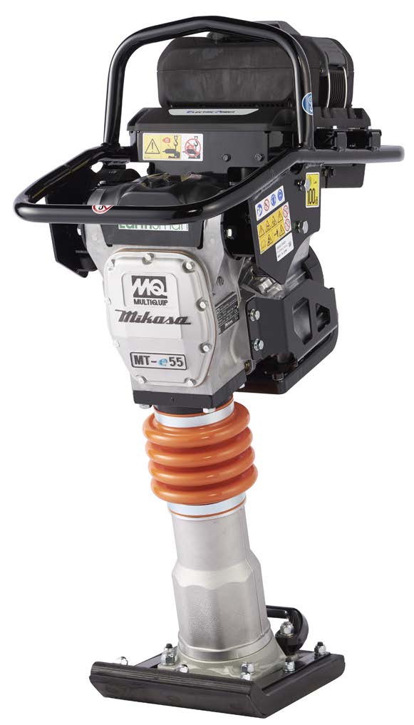 Multiquip MTe55B battery tamping rammer on a white background, black roll cage handle over a sealed motor housing marked Electric Power, aluminium gearcase carrying the MQ Multiquip and Mikasa marks and an MT-e55 badge, orange protective bellows above the ram cylinder, and a bolted laminated shoe at the base