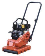 Multiquip MVB85H paver plate compactor on a white background, black folding loop handle over a gasoline engine in a black roll cage, orange belt guard carrying the MQ Multiquip mark and the Mikasa script, a narrow single-piece plate with Mikasa cast into its side, and a black rubber roller across the front edge