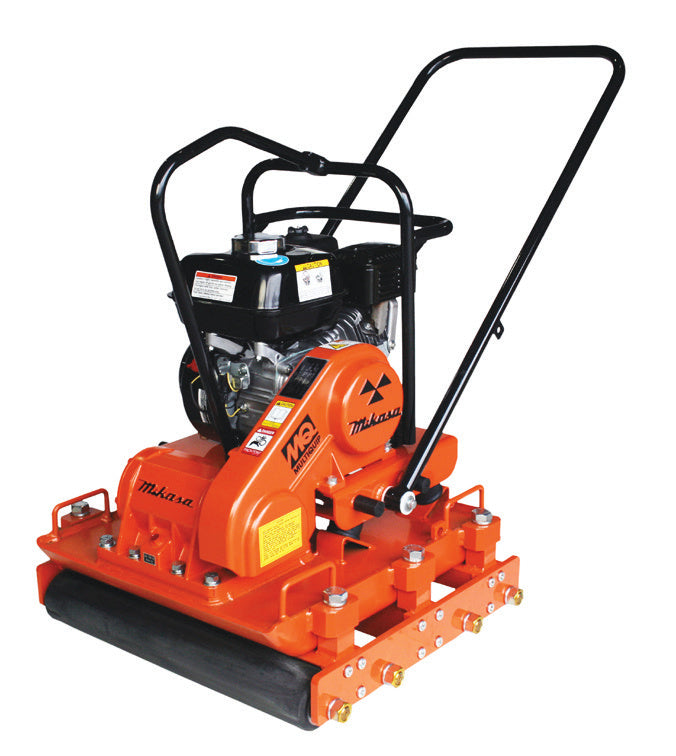 Multiquip MVB150H paver plate compactor on a white background, the wide build, black folding loop handle over a gasoline engine in a black roll cage, orange belt guard carrying the MQ Multiquip mark and the Mikasa script, a wide plate carrying bolt-on extensions on both sides, and a black rubber roller across the full front edge
