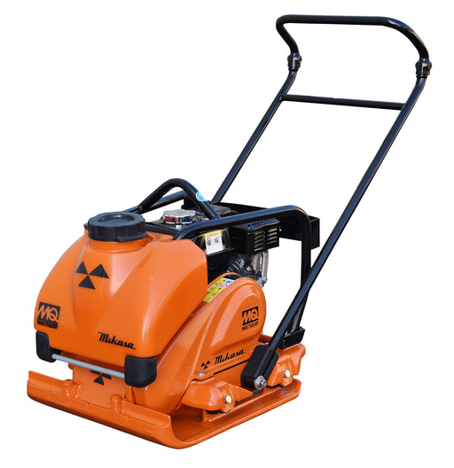 Multiquip MVC88VTHW forward plate compactor on a white background, the water tank build, moulded orange tank with a black filler cap mounted ahead of the gasoline engine, black folding loop handle over the deck, orange belt guard carrying the MQ Multiquip mark and the Mikasa script, and an orange baseplate below