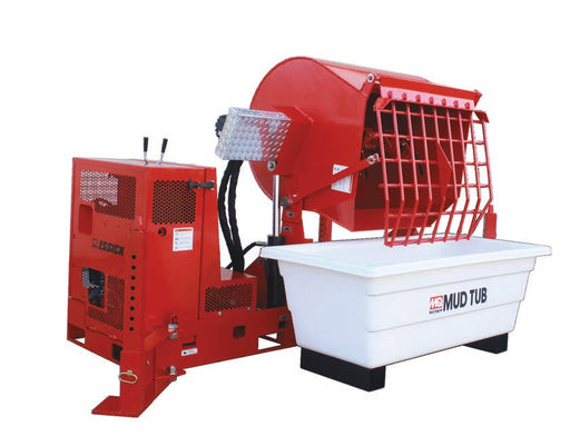 Multiquip Essick PRO12 mortar mixer on a white background, a red skid framed machine with the drum swung over and discharging through a red barred safety grate, an aluminium diamond plate cover over the hydraulic drive with a black hose running to it, two black control levers above a mesh vented engine enclosure carrying the MQ Multiquip mark and the Essick name, swing away stabilizer legs at the base, and a separate white MQ Multiquip Mud Tub on black skid feet beneath the discharge