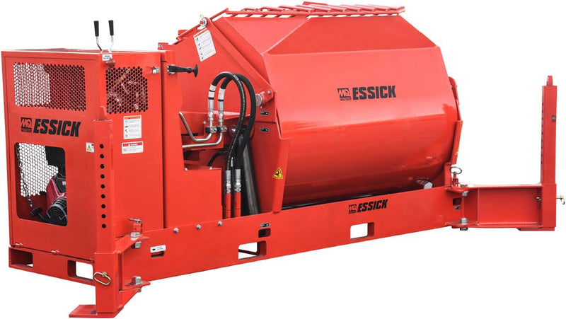 Multiquip PRO20 Essick plaster and mortar mixer on a white background, red horizontal drum with a hinged grate lid and MQ Essick lettering, mesh-panelled engine enclosure with twin control levers and hydraulic hoses at the drive end, mounted on a skid frame with fork pockets and lifting points