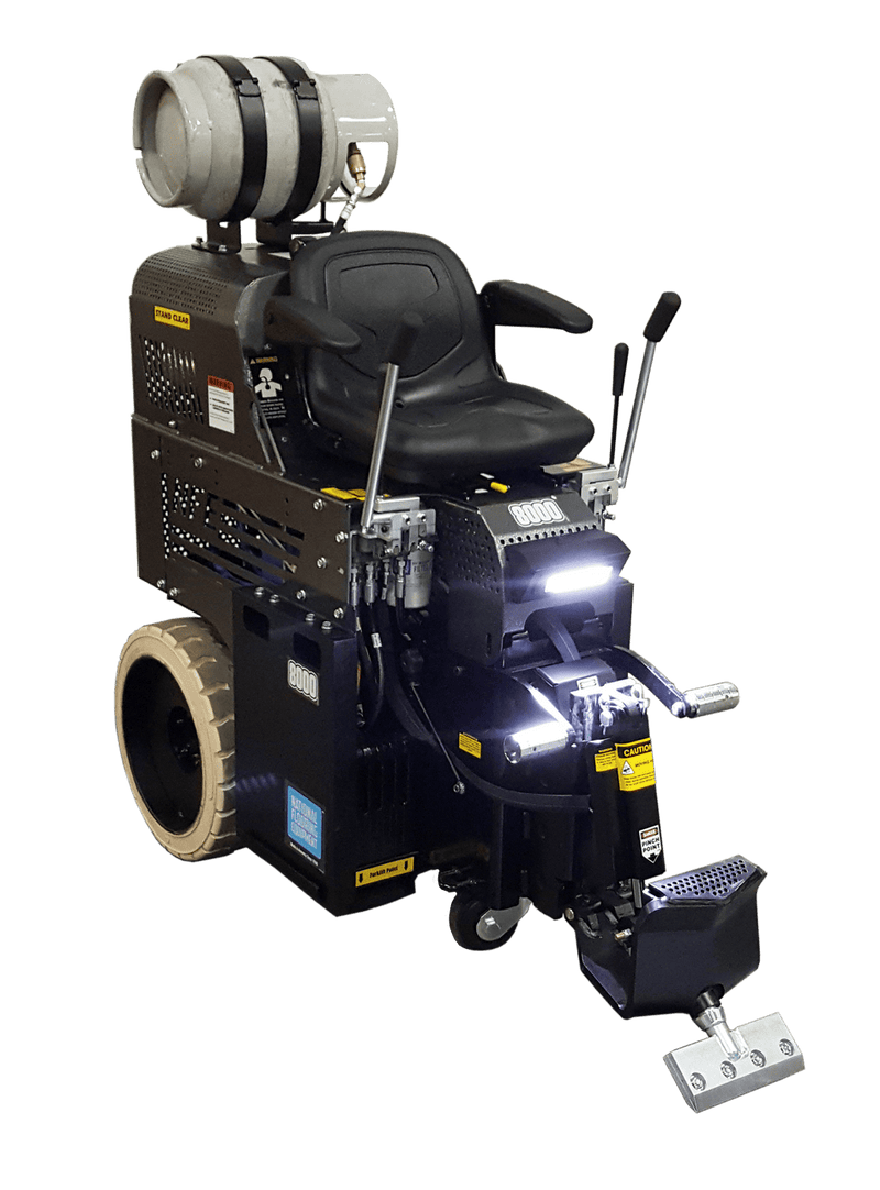 8000 ride-on propane scraper with propane tank above the seat and twin front LED work lights