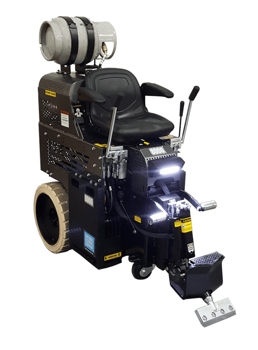 8000 ride-on propane scraper with propane tank above the seat and twin front LED work lights