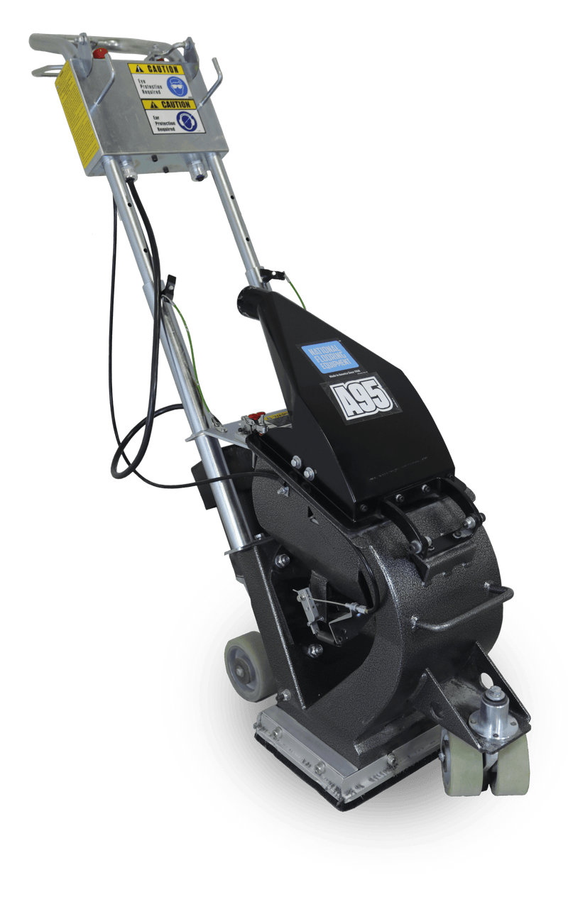 A95 walk-behind shot blaster with upright handle and yellow control box