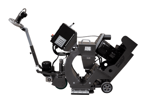 A96 self-propelled shot blaster in side profile with joystick handle and electric motor