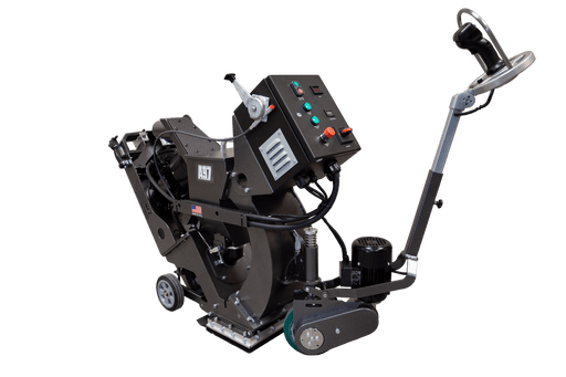 A97 shot blaster leaning to one side, with control box, joystick lever and looped operator handle