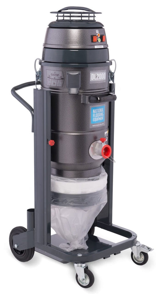 DL2000 dust collector badged on the body, on a wheeled frame with the endless bag hanging below