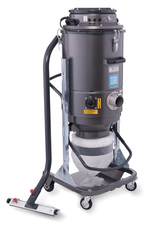 DL3000 dust collector on a wheeled steel frame with endless bag below and a floor tool attached
