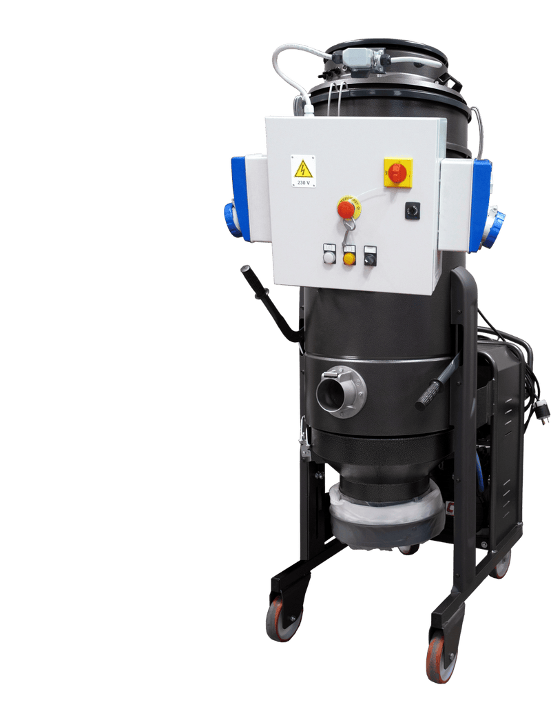 DL4000P dust collector with a white control panel and blue pass-through power outlets on both sides